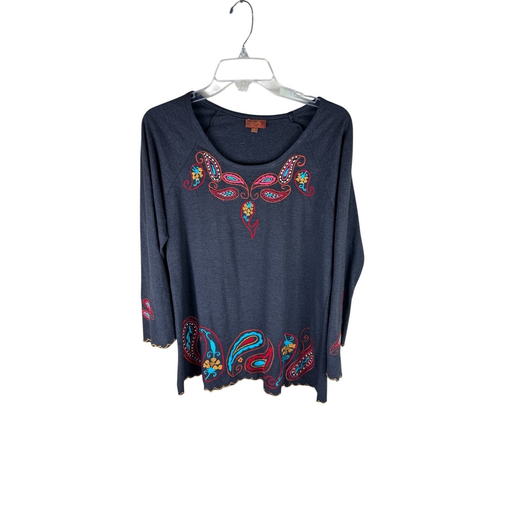 Scully Honey Creek Womens Large Charcoal Grey Paisley Embroidered Top L Raglan